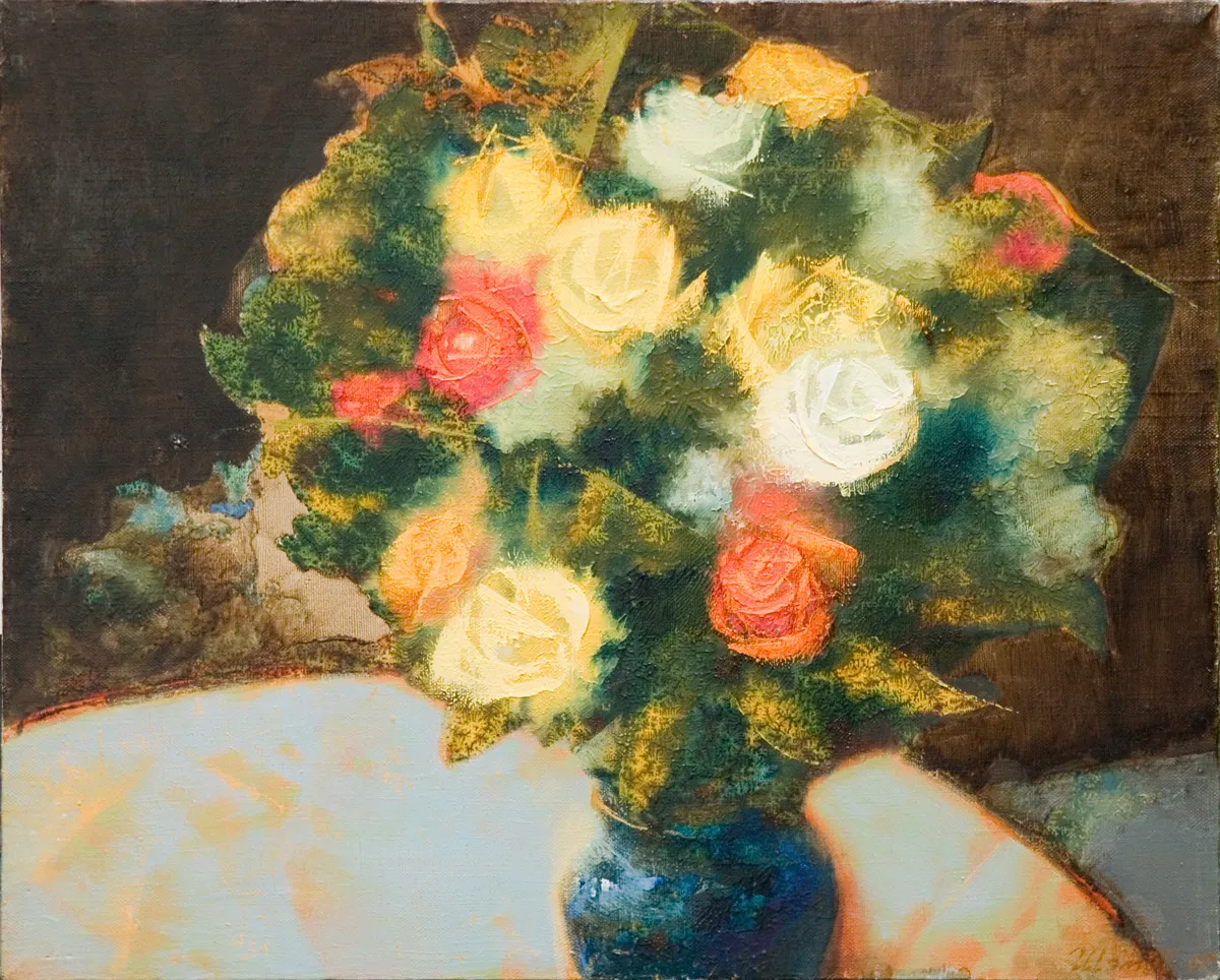 Róże na stole. Olej na plótnie. 40 x 50
