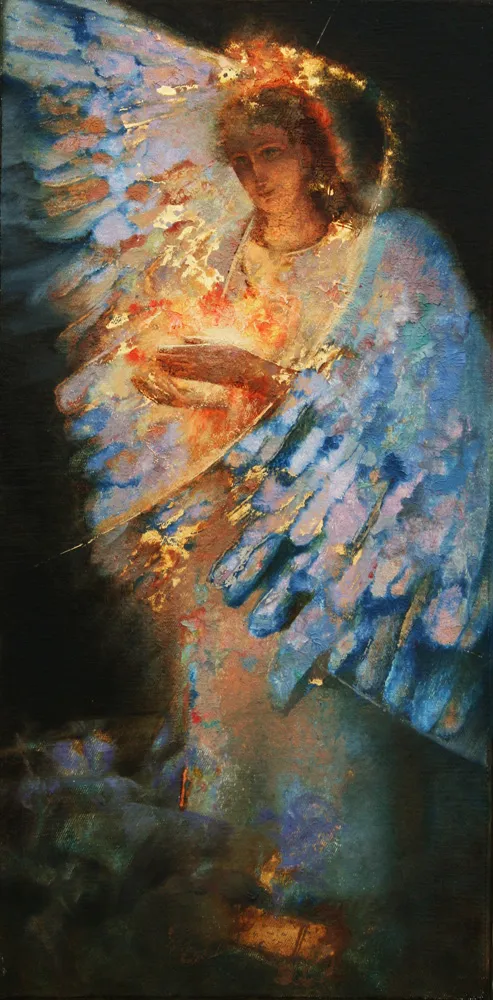 Angel with candle. Oil on wood