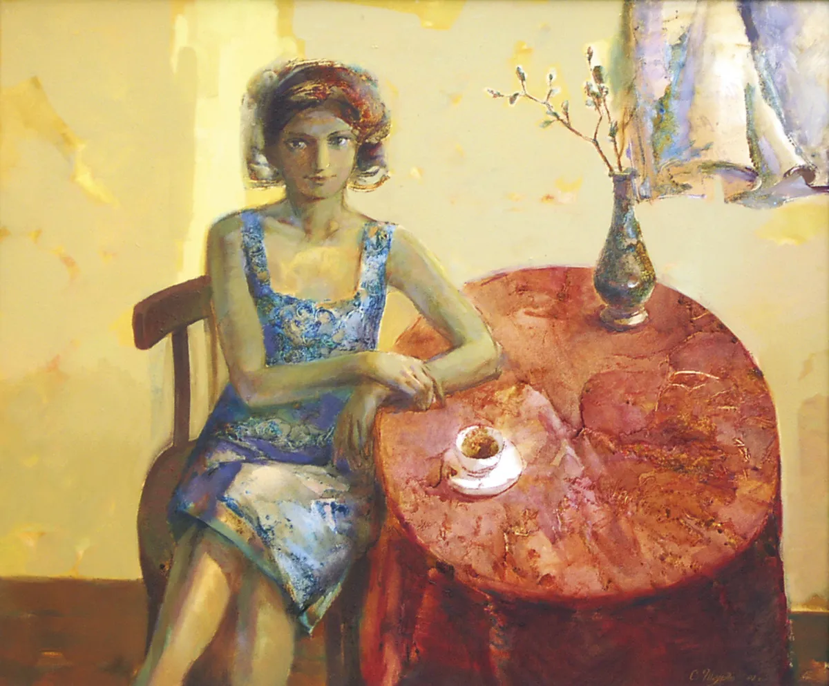 Portrait with morning coffee. Oil on canvas.